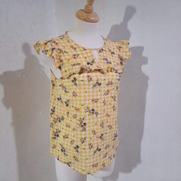 Monteau | yellow white picnic pattern with flowers cottagecore shirt - Picture 1 of 10